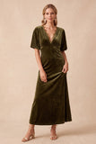 Olive Velvet A-Line V-Neck Short Sleeves Maxi Wedding Guest Dress with Lace