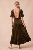 Olive Velvet A-Line V-Neck Short Sleeves Maxi Wedding Guest Dress with Lace