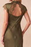 Olive Satin Sheath High Neck Cut Out Long Wedding Guest Dress with Lace