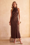 Coffee Sheath Satin High Neck Cut Out Long Wedding Guest Dress with Lace