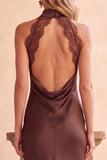 Coffee Sheath Satin High Neck Cut Out Long Wedding Guest Dress with Lace