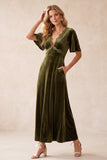 Olive A-Line V-Neck Velvet Flutter Sleeves Maxi Wedding Guest Dress with Lace