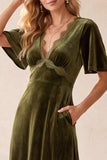 Olive A-Line V-Neck Velvet Flutter Sleeves Maxi Wedding Guest Dress with Lace