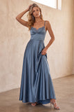 Coffee A-Line Satin Spaghetti Straps Long Wedding Guest Dress with Lace
