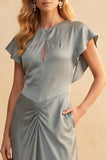 Dusty Blue Sheath Flutter Sleeves Ruched Satin Midi Wedding Guest Dress with Pockets