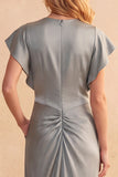 Dusty Blue Sheath Flutter Sleeves Ruched Satin Midi Wedding Guest Dress with Pockets