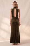 Olive Sheath High Neck Ruched Velvet Maxi Wedding Guest Dress with Lace