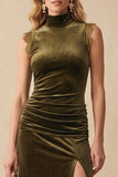Olive Sheath High Neck Ruched Velvet Maxi Wedding Guest Dress with Lace