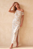 Ivory Sheath Sequins Asymmetrical One Shoulder Ruched Long Wedding Guest Dress with Lace