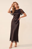 Black Sheath Bateau Neck Short Sleeves Midi Wedding Guest Dress with Lace