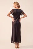 Black Sheath Bateau Neck Short Sleeves Midi Wedding Guest Dress with Lace