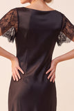 Black Sheath Bateau Neck Short Sleeves Midi Wedding Guest Dress with Lace