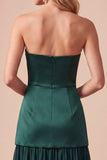 Dark Green Drop-Waist Satin Strapless Midi Wedding Guest Dress with Beading