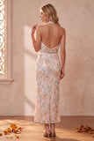 Ivory Sheath Halter Cowl Sequins Midi Wedding Guest Dress with Lace