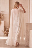 Ivory Sheath Bateau Neck Sequins Maxi Wedding Guest Dress with Chiffon Cape