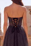 Black A-Line Polka Dots Keyhole Tulle Corset Strapless Long Prom Dress with Bow