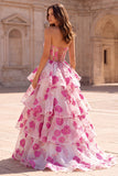 Fuchsia A-Line Strapless Tiered Ruffled Organza Floral Printed Long Prom Dress with Bow
