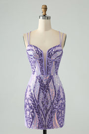 Sparkly Dark Purple Spaghetti Straps Corset Cocktail Dress with Sequins