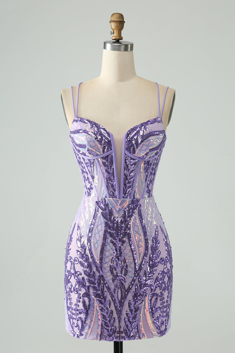 Load image into Gallery viewer, Sparkly Dark Purple Spaghetti Straps Corset Cocktail Dress with Sequins