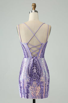 Sparkly Dark Purple Spaghetti Straps Corset Cocktail Dress with Sequins