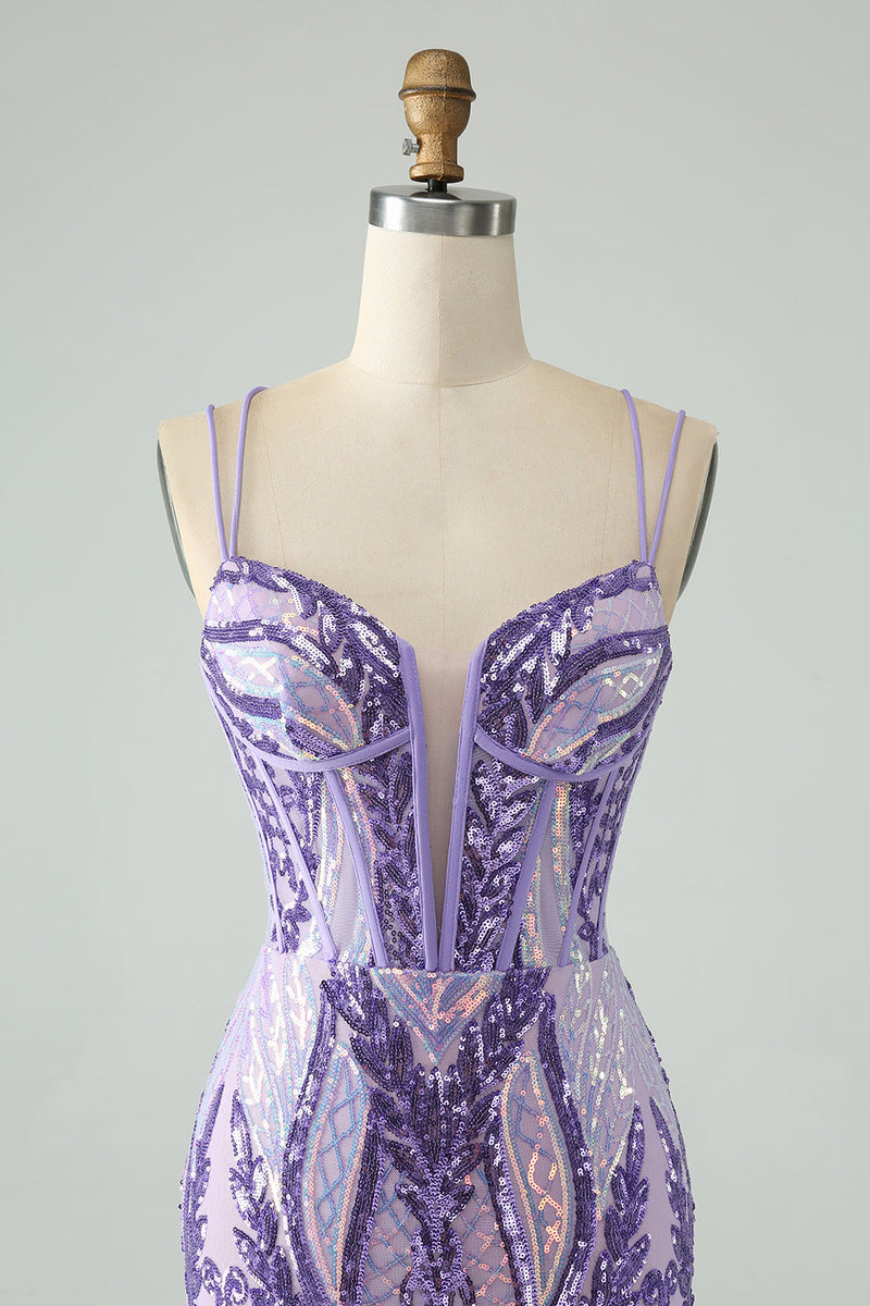 Load image into Gallery viewer, Sparkly Dark Purple Spaghetti Straps Corset Cocktail Dress with Sequins