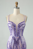 Sparkly Dark Purple Spaghetti Straps Corset Cocktail Dress with Sequins