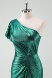 Dark Green Metallic One Shoulder Mermaid Cocktail Dress with Ruffles