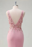 Mermaid Taro V-Neck Ruched Long Prom Dress with Appliqued 3D Flowers