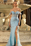 Sparkly Blue Corset Mermaid Off The Shoulder Long Formal Dress with Sequins
