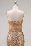 Sparkly Golden Bodycon Sweetheart Sheer Corset Sequins Homecoming Dress