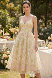 Light Yellow Corset Spaghetti Straps Floral A Line Maxi Wedding Guest Dress
