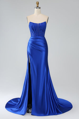 Royal Blue Mermaid Strapless Long Corset Formal Dress with Slit