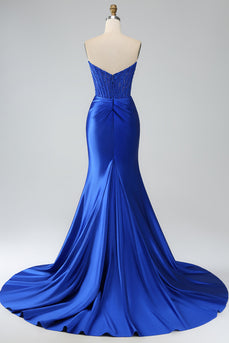 Royal Blue Mermaid Strapless Long Corset Formal Dress with Slit