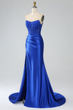 Royal Blue Mermaid Strapless Long Corset Formal Dress with Slit