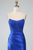 Royal Blue Mermaid Strapless Long Corset Formal Dress with Slit