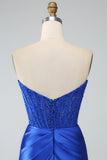 Royal Blue Mermaid Strapless Long Corset Formal Dress with Slit