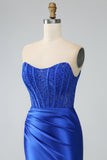 Royal Blue Mermaid Strapless Long Corset Formal Dress with Slit