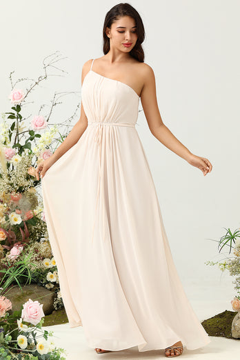 One Shoulder Sleeveless Champagne Long Bridesmaid Dress