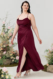 Burgundy Satin Sheath Halter Plus Size Bridesmaid Dress With Slit