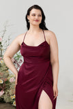 Burgundy Satin Sheath Halter Plus Size Bridesmaid Dress With Slit