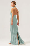 Eucalyptus Halter Mermaid Bridesmaid Dress with Slit