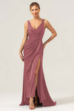 Burgundy Sheath V Neck Ruched High-Low Bridesmaid Dress with Slit