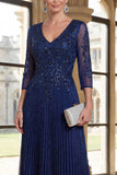 Sparkly Navy V-Neck Pleated A Line Mother of the Bride Dress