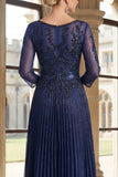 Sparkly Navy V-Neck Pleated A Line Mother of the Bride Dress