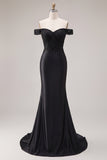 Off The Shoulder Black Mermaid Appliqued Satin Prom Dress