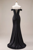 Off The Shoulder Black Mermaid Appliqued Satin Prom Dress