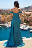 Sparkly Teal Cold Shoulder Mermaid Prom Dress with Streamer