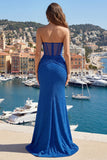 Strapless Royal Blue Corset Mermaid Prom Dress with Slit