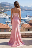 Blush Spaghetti Straps Mermaid Satin Prom Dress with Slit