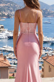 Blush Spaghetti Straps Mermaid Satin Prom Dress with Slit